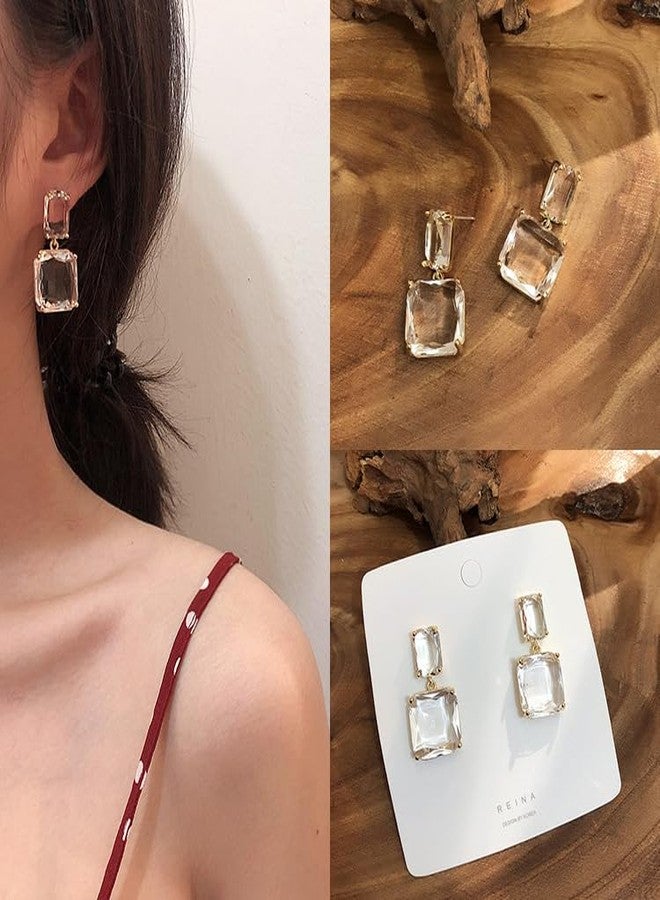 Aktully Crystal Square Earrings for Women Clear Earrings Rhinestone Geometric Earrings Transparent Rectangle Drop Earrings Wedding Bridal Birthday Jewelry Gift for Women (Clear) - Image 3
